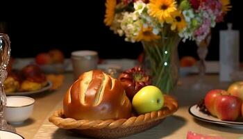 frisch Obst Dessert auf hölzern Platte, perfekt zum gesund Essen generiert durch ai foto