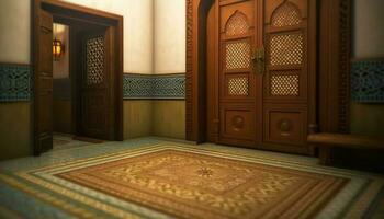 elegant uralt Türöffnung mit aufwendig Arabisch Stil Muster und Holz Material generiert durch ai foto