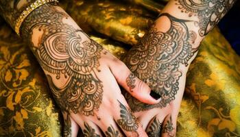 zwei jung Frauen mit Henna Tätowierungen Vitrine aufwendig Körper Schmuck generiert durch ai foto