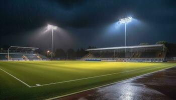 Flutlicht Fußball Feld, leeren von Menschen, beleuchtet durch Flutlichter generiert durch ai foto