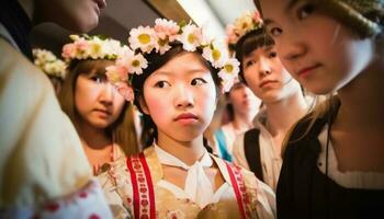 lächelnd Schulmädchen im traditionell Kleidung Lernen Zusammenarbeit im Peking Klassenzimmer generiert durch ai foto