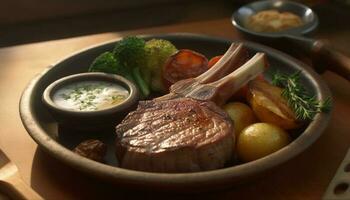 gegrillt Lendenstück Steak mit frisch Gemüse, bereit zu Essen und köstlich generiert durch ai foto