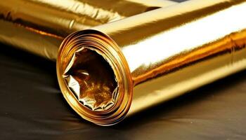 glänzend Gold farbig dokumentieren gerollt oben auf Metall Ausrüstung generiert durch ai foto