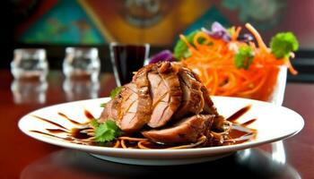 gegrillt Rindfleisch Filet mit Bohnenkraut Soße, frisch Salat und Gemüse generiert durch ai foto