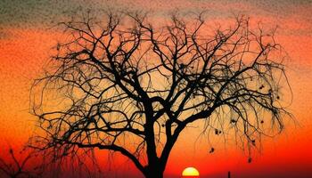 Silhouette von Akazie Baum zurück zündete durch glühend Sonnenuntergang Himmel generiert durch ai foto