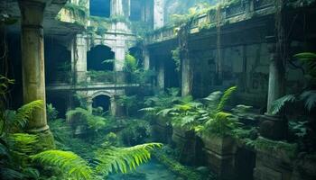 uralt Ruinen im dunkel Wald halt gespenstisch Geheimnis und Geschichte generiert durch ai foto