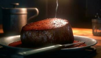 gegrillt Steak Filet auf Platte, mit gebacken Gemüse und Soße generiert durch ai foto