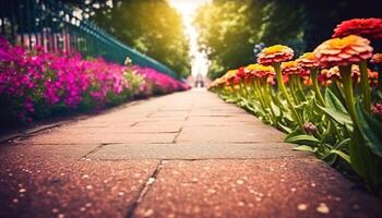 beschwingt Tulpe blühen im formal Garten, umgeben durch Grün generiert durch ai foto