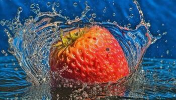 saftig Erdbeere Tropfen im beschwingt Wasser, erfrischend Sommer- Erfrischung generiert durch ai foto