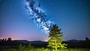 dunkel Berg Landschaft, Star Feld, milchig Weg, Sommer- Nacht generiert durch ai foto