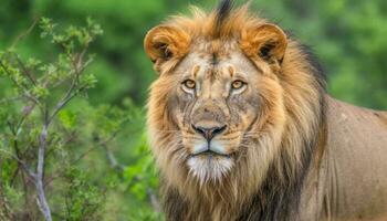 majestätisch männlich Löwe Gehen im das afrikanisch Wildnis, starren voraus generiert durch ai foto