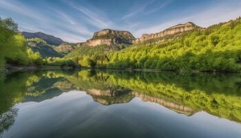 majestätisch Berg Gipfel spiegelt im still Teich, natürlich Schönheit ist reichlich vorhanden generiert durch ai foto