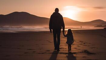 Familie Verbindung beim Sonnenuntergang, Umarmen Liebe und Zusammengehörigkeit draußen generiert durch ai foto