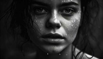 nass Schönheit einer jung Erwachsene Frau suchen beim Kamera draußen generiert durch ai foto