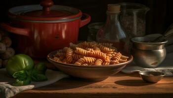 gesund Vegetarier Pasta Mahlzeit mit frisch organisch Tomate und Kräuter generiert durch ai foto