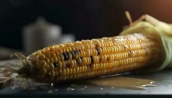 gegrillt Mais auf das Maiskolben, ein gesund Vegetarier Sommer- Snack generiert durch ai foto