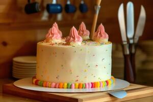 Lager Foto von machen Scheibe Geburtstag Kuchen im das Küche Essen Fotografie generativ ai