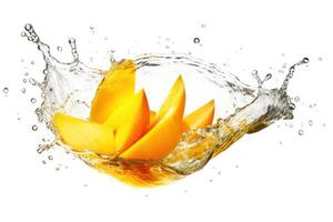 Lager Foto von Wasser Spritzen mit geschnitten Mango isoliert Essen Fotografie generativ ai