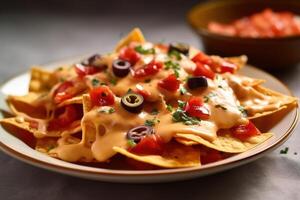 Lager Foto von Nachos Mexiko im Teller mit Käse Soße Mexikaner Essen Essen Fotografie generativ ai