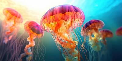 ai generiert. ai generativ. Meer unter Wasser Gelee Fisch Qualle meduza. Grafik Kunst foto