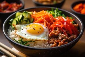 Lager Foto von bibimbap manchmal romanisiert wie bi bim Schlag Essen Fotografie generativ ai