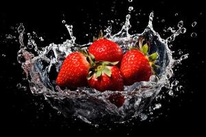 Lager Foto von Wasser Spritzen mit geschnitten Erdbeeren isoliert Essen Fotografie generativ ai