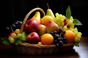 Lager Foto von mischen Obst auf das Korb redaktionell Essen Fotografie generativ ai