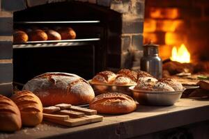 Lager Foto von ein backen Brot im Vorderseite modern Ofen Essen Fotografie generativ ai