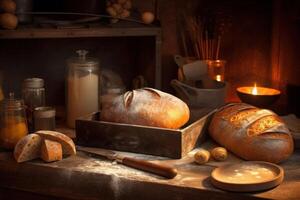 Lager Foto von ein backen Brot im Vorderseite Ofen und Zeug Essen Fotografie generativ ai