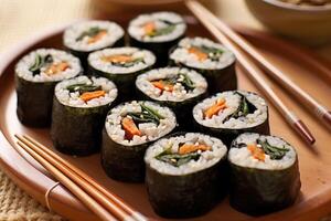 kimbap mit Essstäbchen Fotografie generativ ai foto