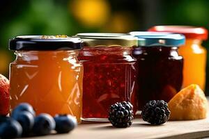 Früchte Marmelade im das Küche Tabelle Fachmann Essen Fotografie ai generiert foto