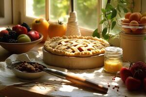 Lager Foto von machen Kuchen mit Obst im Küche Tabelle Essen Fotografie generativ ai