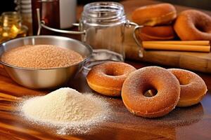 Lager Foto von machen Donuts mischen Belag im das Küche Essen Fotografie generativ ai