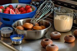 Lager Foto von machen Donuts mischen Belag im das Küche Essen Fotografie generativ ai