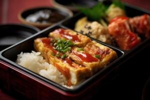 Lager Foto von Tamagoyaki japanisch gerollt Omelette im Bento mit Reis Essen Fotografie generativ ai