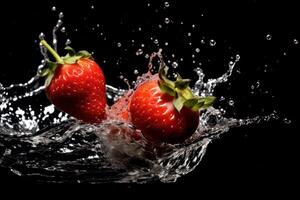 Lager Foto von Wasser Spritzen mit geschnitten Erdbeeren isoliert Essen Fotografie generativ ai