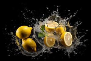 Lager Foto von Wasser Spritzen mit Zitronen isoliert Essen Fotografie generativ ai