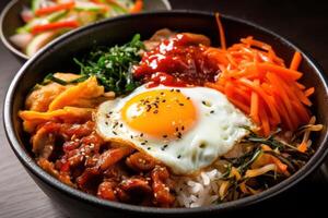 Lager Foto von bibimbap manchmal romanisiert wie bi bim Schlag Essen Fotografie generativ ai