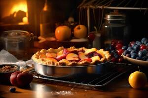 Lager Foto von machen Kuchen mit Obst im Vorderseite modern Ofen Essen Fotografie generativ ai