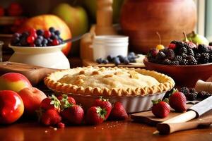 Lager Foto von machen Kuchen mit Obst im Küche Tabelle Essen Fotografie generativ ai
