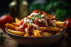 Lager Foto von gebraten Fritten mit Tomate Soße und Mayonnaise Essen Fotografie generativ ai