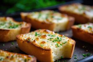 Knoblauch Brot im das Küche Tabelle Essen Fotografie ai generiert foto