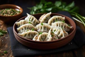 mandu oder mandu sind Knödel im Koreanisch Küche Fotografie generativ ai foto