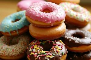 Donuts im das Küche Tabelle Essen Fotografie ai generiert foto