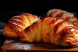 Lager Foto von Wienerisch sind Französisch gebacken Waren gemacht von ein Hefe gesäuert Teig Essen Fotografie generativ ai