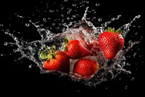 Lager Foto von Wasser Spritzen mit geschnitten Erdbeeren isoliert Essen Fotografie generativ ai