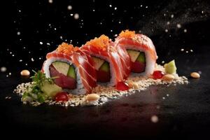 Lager Foto von Sushi fliegend durch das Luft mit Thunfisch Treffen und Sesam Essen Fotografie generativ ai