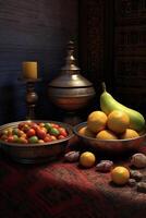 Lager Foto von ein Bild von ein Tabelle mit ein ägyptisch Arabisch Kerze und Laterne Fotografie generativ ai