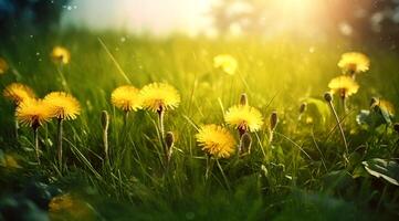 Kamille Feld Blumen Grenze. schön Natur Szene mit Blühen medizinisch Kamille im Sonne aufflackern. Alternative Medizin Frühling Gänseblümchen. Sommer- Blumen. Sommer- Hintergrund. generiert ai foto