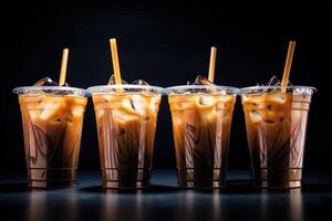 Lager Foto von vereist Kaffee im Plastik Tassen mit Stroh isoliert Essen Fotografie generativ ai